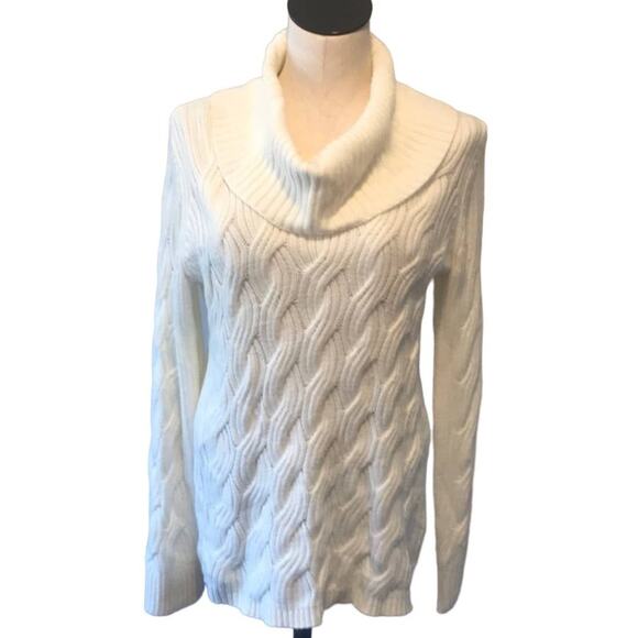 Calvin Klein Ivory Winter White Basket Weave Chain Knit Drape Neck Sweater sz L - Picture 3 of 15